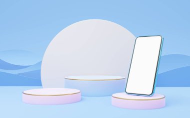 Mavi dalga arka planında altın kenarlı mor silindir podyumda cep telefonu. Beyaz ekranlı akıllı telefon. Yaya pastel modelleme alanı ürünlerin gösterimi için. Kağıt kesim stili. 3d oluşturma.
