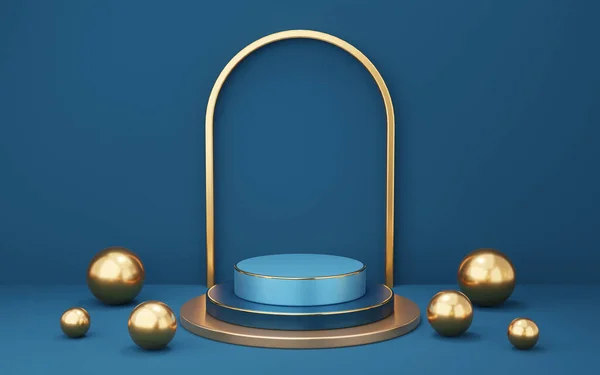 Empty blue cylinder podium with gold border, ball, arch on wall background. 3d empty pedestal mockup space for display product. Abstract dark minimal geometric object. 3d rendering illustration.