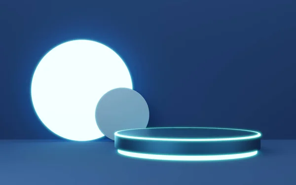 Blauer Zylindersockel Mit Neon Rand Goldkugel Kreisbeleuchtung Auf Kopierraum Hintergrund — Stockfoto