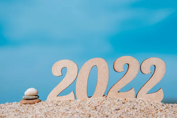 New Year Numbers 2022 Beach Sea Cairn Concept Tourism Recreation — Stock Photo, Image