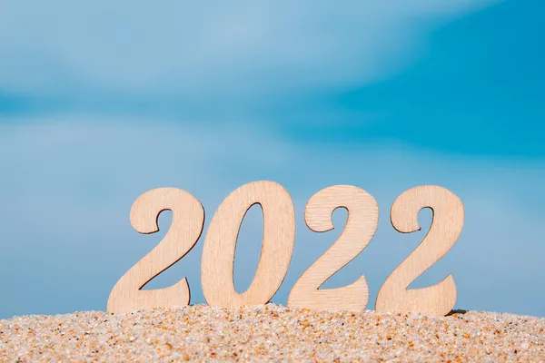 New Year Numbers 2022 Sandy Beach Sky Tourism Adventure Travel — Stock Photo, Image