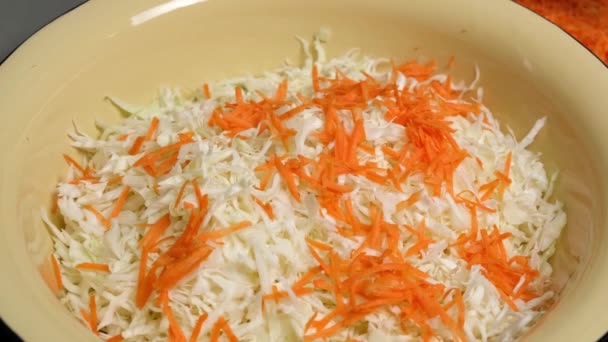 Men Hands Add Grated Carrots Chopped Cabbage Basin Mix Everything — Stock Video
