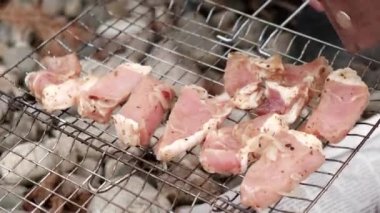 4 bin. Bir adamın eli, ızgara yapmak için, açık havada kamp ateşinde yemek pişirmek için sulu et parçalarını metal ızgaraya koyar. Yaz aile pikniği, açık hava yemekleri. Yakın plan..