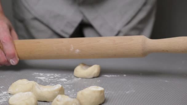 Male Chef Shapes Dough Small Pies Rolling Out His Hands — Stock Video