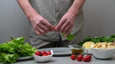 Erkek şef sağlıklı ve lezzetli bir vejetaryen Sezar salatası hazırlıyor. Aşçı servis tabağındaki marul yapraklarını elleriyle yırttı. Yakın plan. Ağır çekim. Adım adım talimatlar. Yemek tarifi. Adım 1.