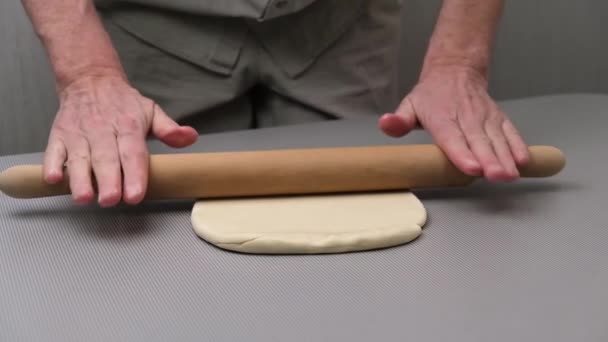 Male Chef Forms Dough Samsa Rolling Out Rolling Pin Turning — Stock Video