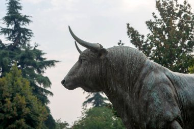 Malaga, Ronda 'daki Paseo de Blas Infante' deki Endülüs boğa heykeli anıtı. Endülüs. İspanya. Avrupa. 12 Eylül 2021