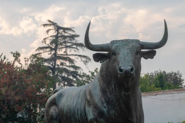 Malaga, Ronda 'daki Paseo de Blas Infante' deki Endülüs boğa heykeli anıtı. Endülüs. İspanya. Avrupa. 12 Eylül 2021