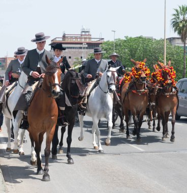 Seville, Endülüs 'teki panayırda atlar. İspanya. Avrupa. 1 Mayıs 2022