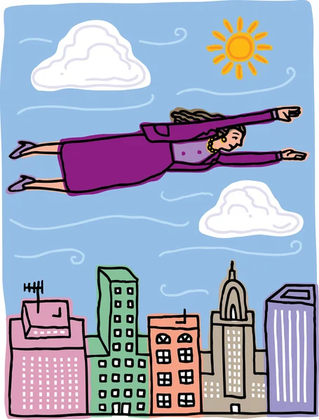 Illustration vectorielle d'une femme d'affaires volant au-dessus de gratte-ciel — Image vectorielle