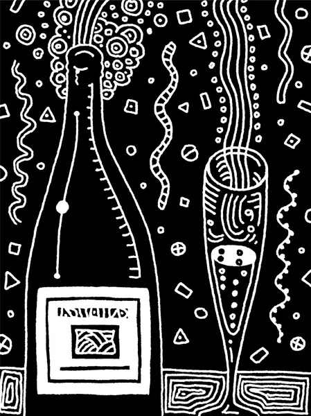 Ilustración vectorial de una botella de champán - blanco y negro — Vector de stock