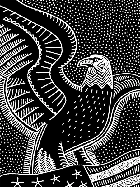 Ilustración vectorial de un águila sobre la bandera de Estados Unidos - blanco y negro — Archivo Imágenes Vectoriales