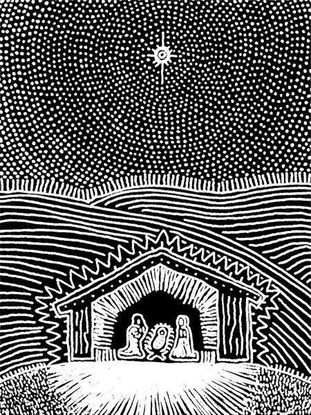 Illustration vectorielle de la scène de la Nativité - noir et blanc — Image vectorielle