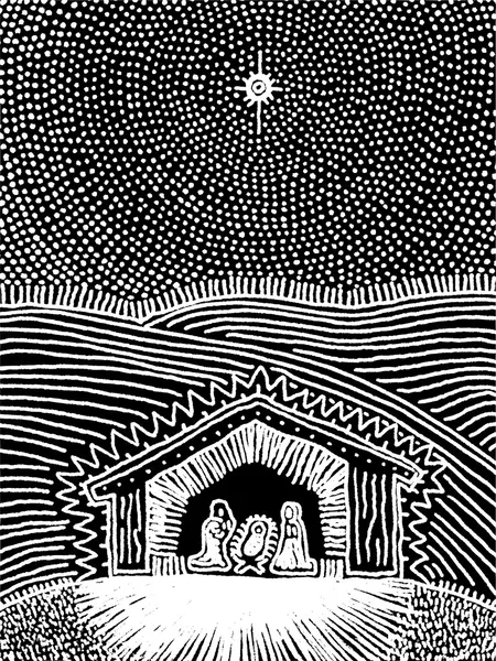 Векторная иллюстрация сцены Рождества - черно-белая — стоковый вектор