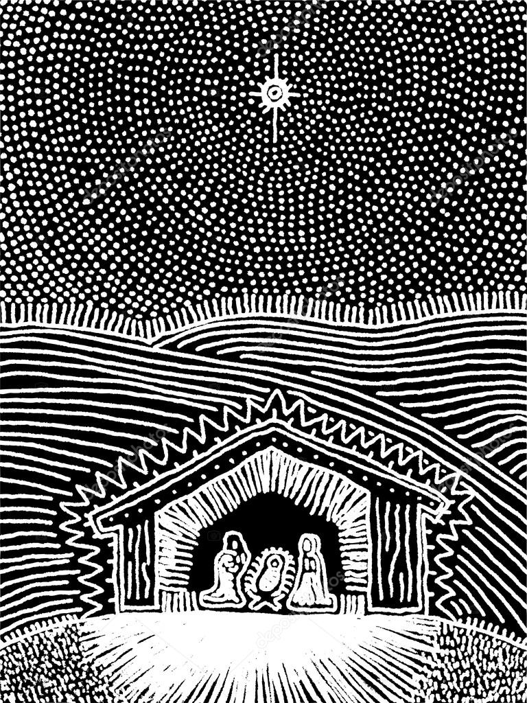 Vector illustration of the Nativity scene black and white — Stock