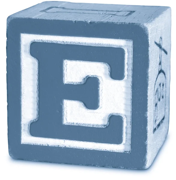 Fotografia di Blue Wooden Block Letter E — Foto Stock