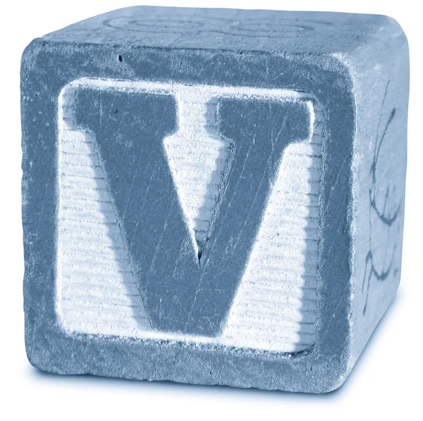 Fotografia do bloco de madeira azul letra V — Fotografia de Stock