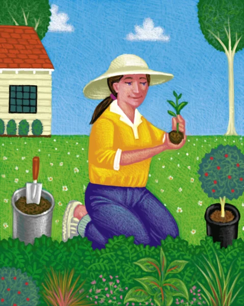 Ilustracja kobiety w ogrodzie — Zdjęcie stockowe