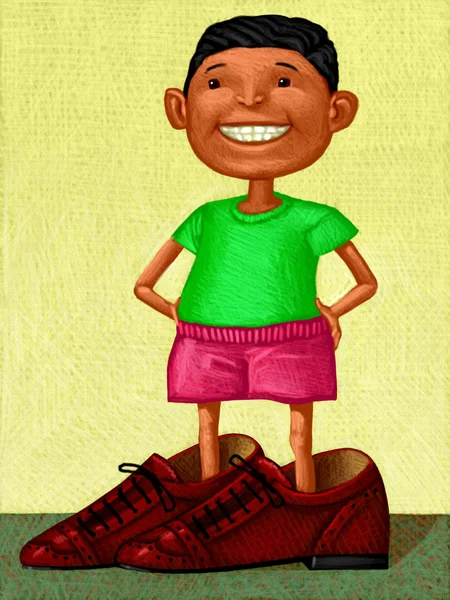 Illustration eines Jungen, der Papas Schuhe trägt — Stockfoto