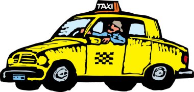Woodcut Illustration of Cabbie Driving Taxi Cab clipart