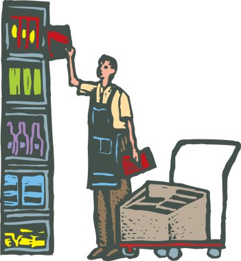 Man Stocking Grocery Shelves with Groceries clipart
