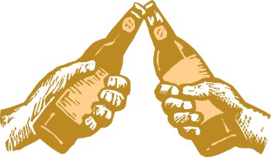 Woodcut Illustration of Two Hands Toasting with Beer clipart