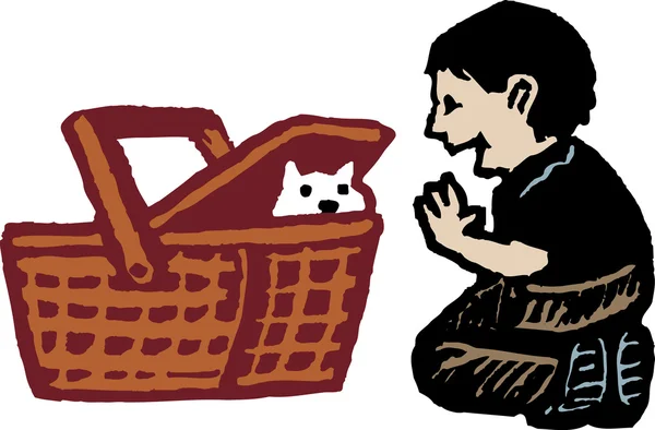 Menino brincando com gatinho em cesta de piquenique — Vetor de Stock