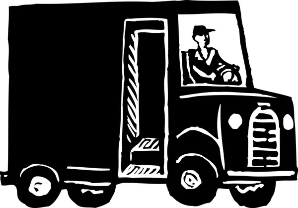 Woodcut Illustration of Man Driving Delivery Truck — Stock Vector