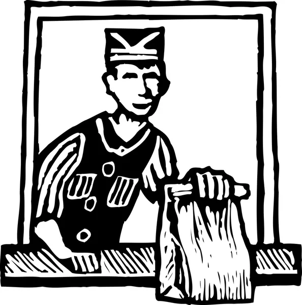 Illustrazione Woodcut di Fastfood Worker — Vettoriale Stock