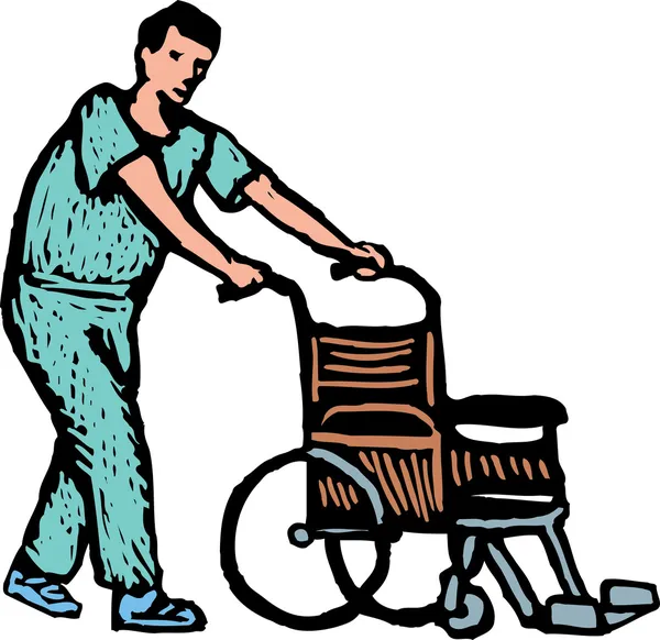 Порядок в больнице или медсестра с инвалидным креслом — стоковый вектор