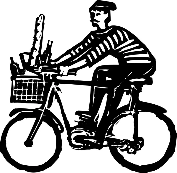 French Man Riding Bicycle with French Bread and Wine — Stock Vector