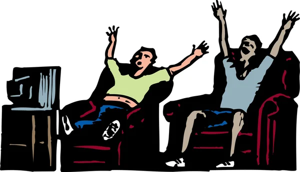 Dva muži, sledování sportovních přenosů v televizi — ストックベクタ