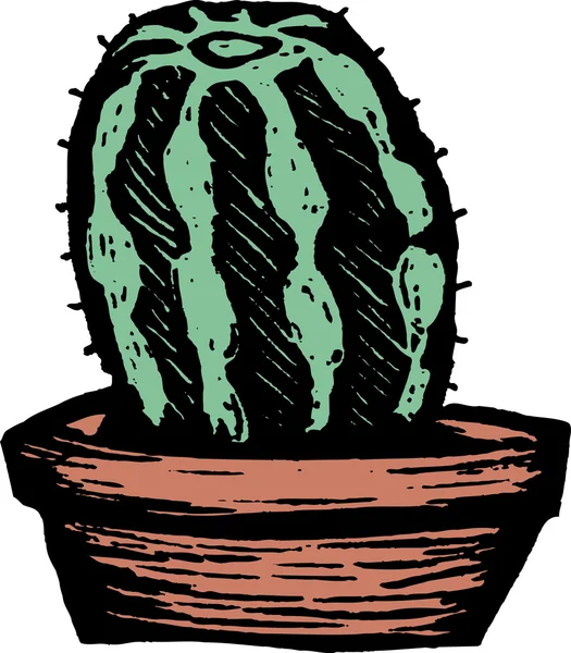 Woodcut Illustration of Barrel Cactus in Pot — Stock Vector