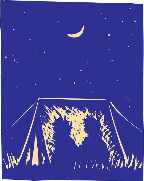 Woodcut Illustration of Kids in Tent Camping Out — Stock Vector