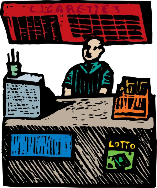 Woodcut Ilustração de Caixa em uma Loja de Conveniência — Vetor de Stock