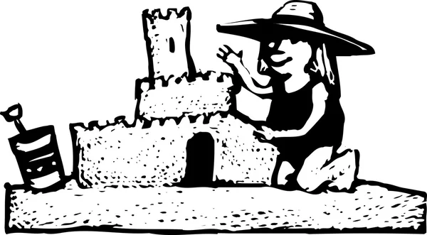 Woodcut Ilustración de una niña construyendo un castillo de arena — Archivo Imágenes Vectoriales