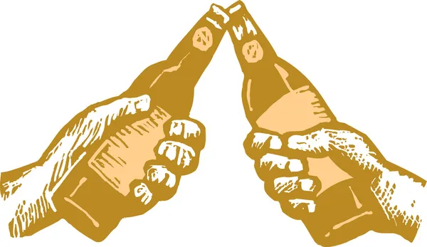 Woodcut ilustração de duas mãos brindar com cerveja —  Vetores de Stock