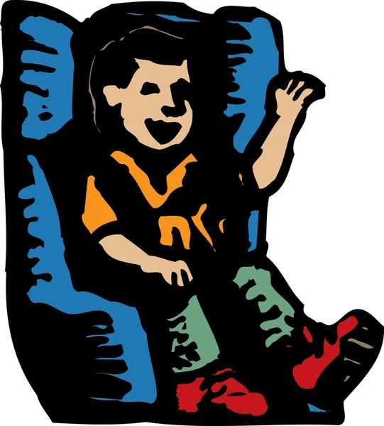 車のシートベルトの小さな男の子の木版画イラスト — ストックベクタ