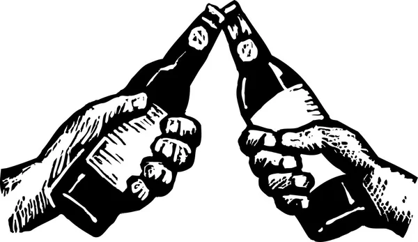 Woodcut ilustração de duas mãos brindar com cerveja —  Vetores de Stock
