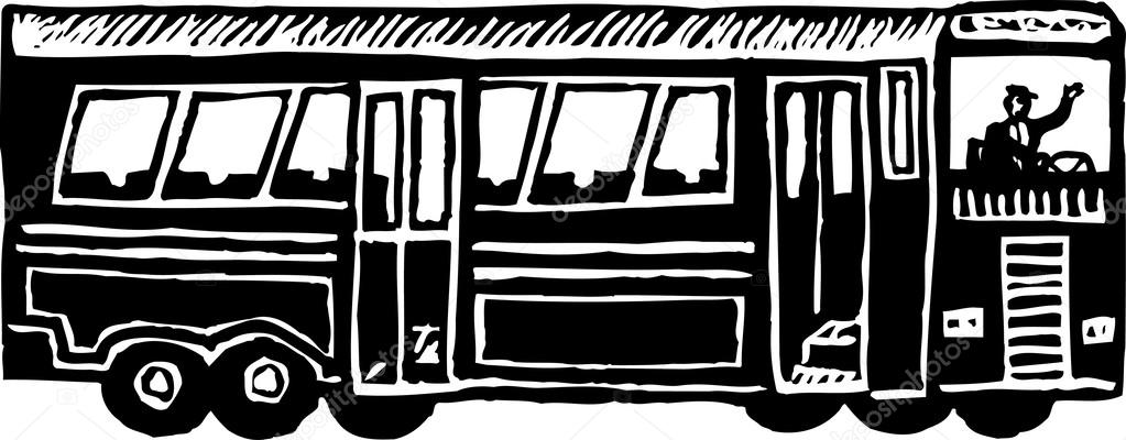 Woodcut Illustration of Busdriver Driving City Bus