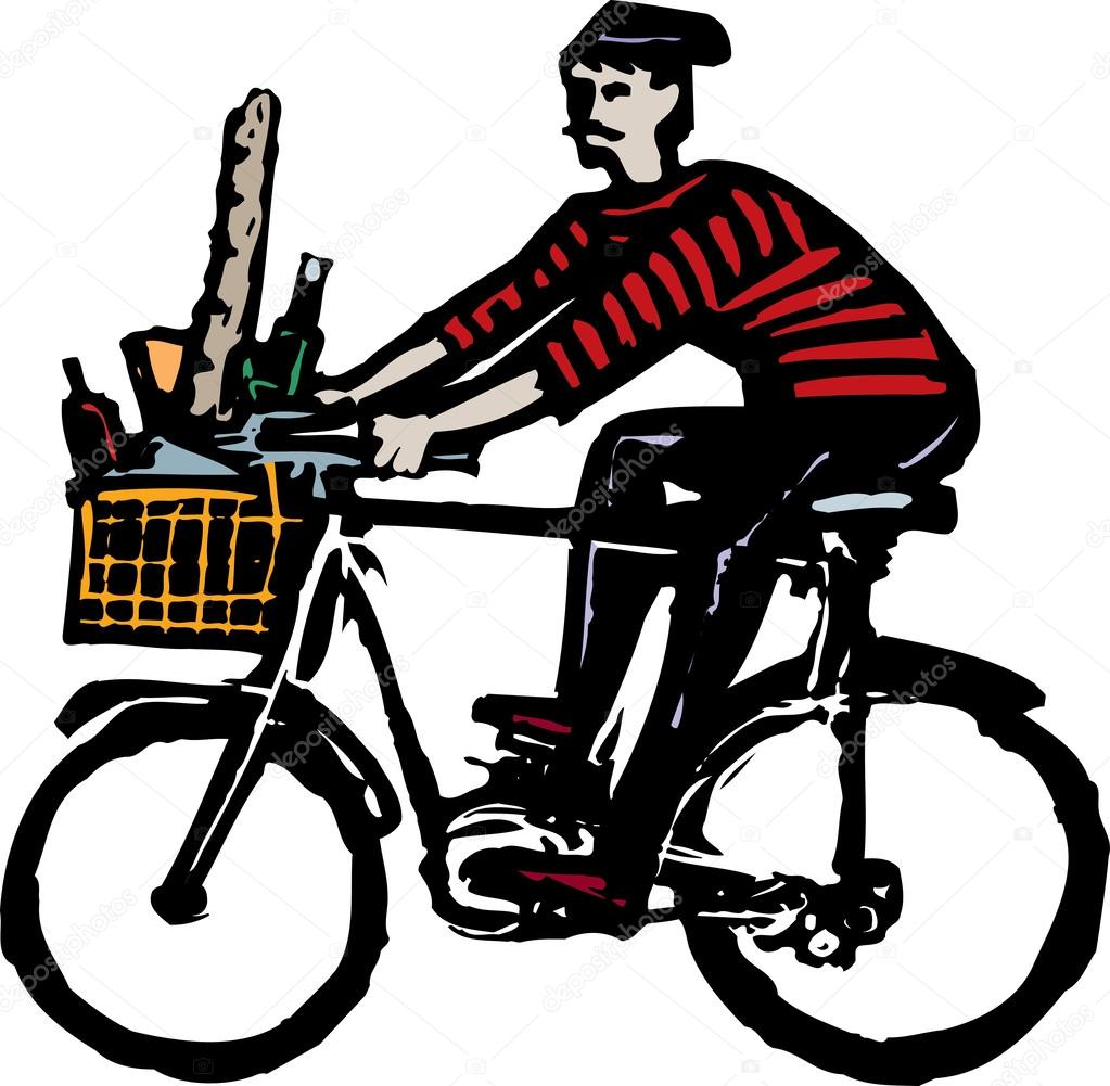 French Man Riding Bicycle with French Bread and Wine