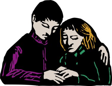 adam üzgün kadın için rahatlık vermek gravür çizimi