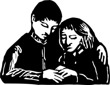 adam üzgün kadın için rahatlık vermek gravür çizimi