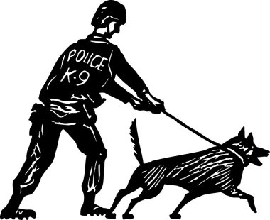 k9 polis ve polis köpeği gravür çizimi