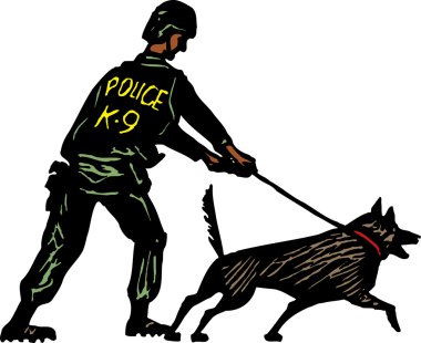 Woodcut Illustration of K9 Policeman and Police Dog clipart