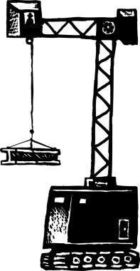 Woodcut Illustration of Large Crane Lifting, Beam clipart