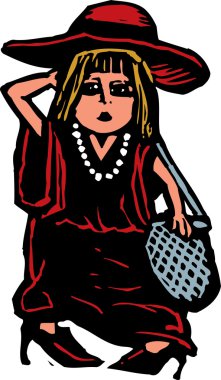 kız elbise oynamaktan gravür çizimi