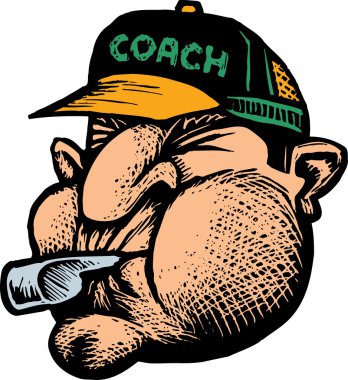 Woodcut Illustration of Sports Coach Blowing Whistle Face clipart