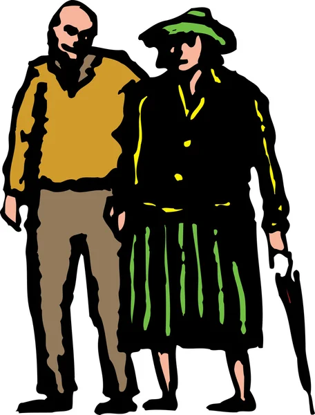Holzschnitt-Illustration eines älteren Ehepaares beim Spaziergang — Stockvektor