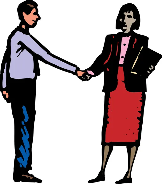 Woodcut Illustration of Man and Woman Shaking Hands — Stock Vector